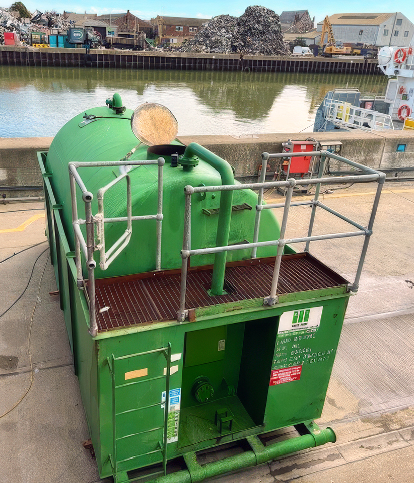 Top down view of an ATI 110% bunded tank in situ on a dock.
