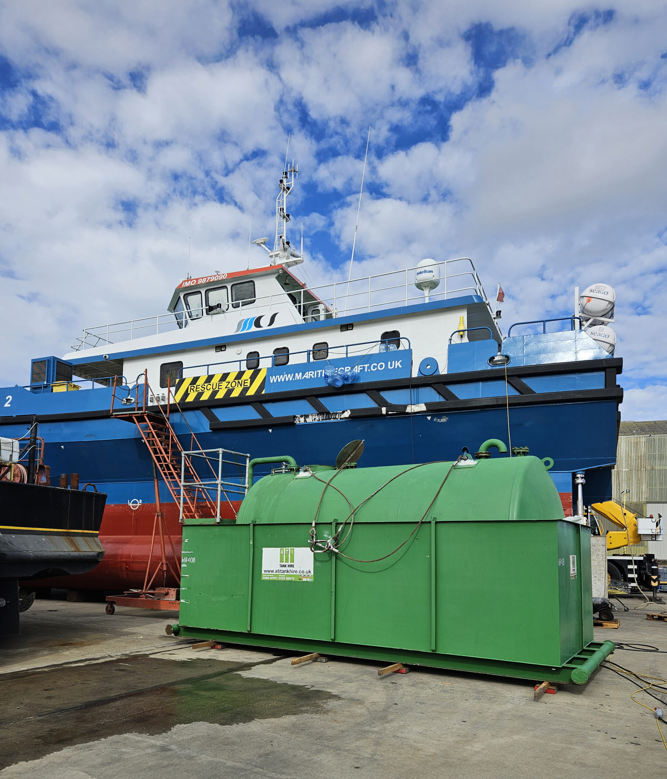 An ATI 110% bunded tank in situ on a dock