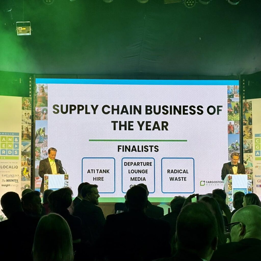 Presenters at the East of England Clean & Green Awards 2026 announcing the finalists in the Supply Chain Business of the Year award