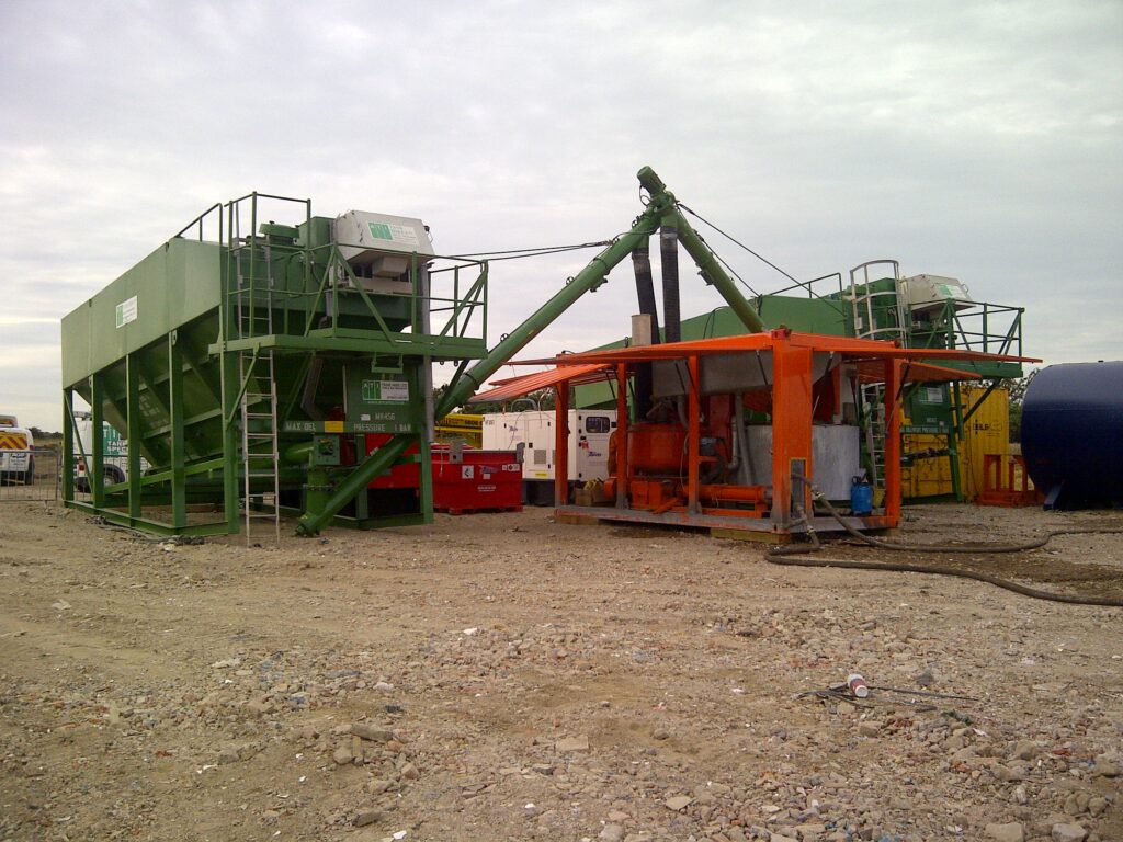 2 of ATI's horizontal silos working in tandem on a construction site