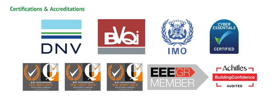 Banner showing the logos of ATI's Certifications & Accreditations (DNV, BVQi, IMO, Cyber Essentials, ISO 9001, ISO 14001, ISO 45001, EEEGR & Achilles)